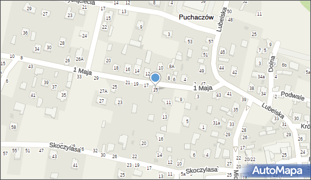 Puchaczów, 1 Maja, 15, mapa Puchaczów