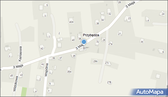 Przybędza, 3 Maja, 33, mapa Przybędza