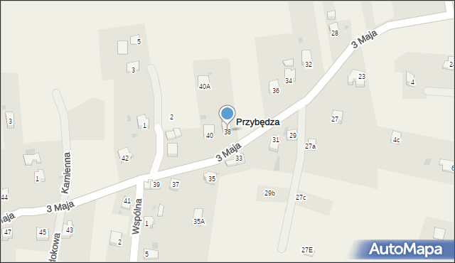 Przybędza, 3 Maja, 38, mapa Przybędza