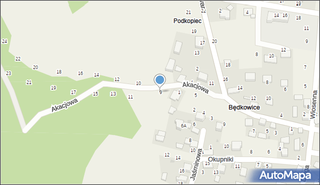 Będkowice, Akacjowa, 9, mapa Będkowice