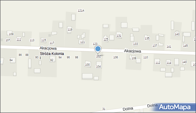 Stróża-Kolonia, Akacjowa, 102, mapa Stróża-Kolonia