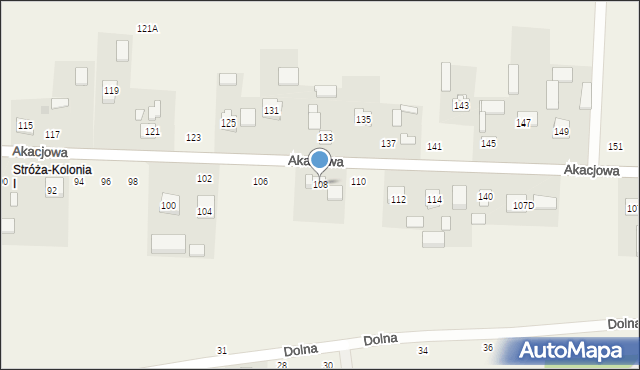 Stróża-Kolonia, Akacjowa, 108, mapa Stróża-Kolonia