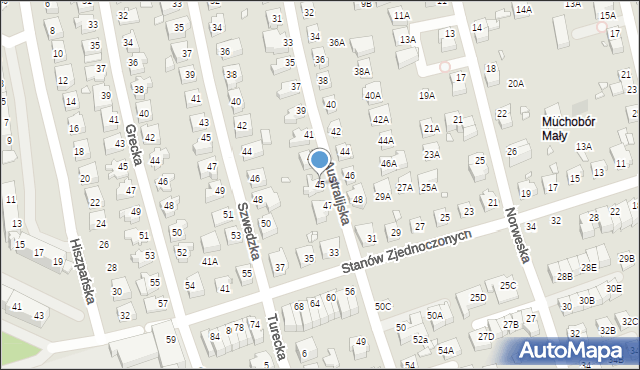 Wrocław, Australijska, 45, mapa Wrocławia