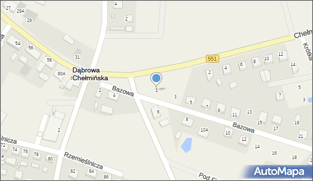 Dąbrowa Chełmińska, Bazowa, 1, mapa Dąbrowa Chełmińska