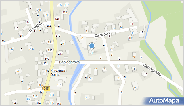 Krzyżowa, Babiogórska, 1, mapa Krzyżowa