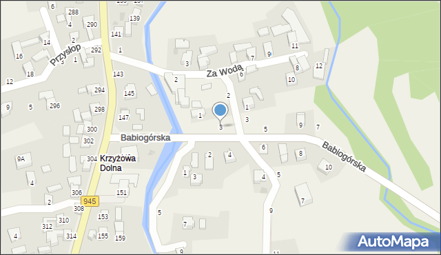 Krzyżowa, Babiogórska, 3, mapa Krzyżowa