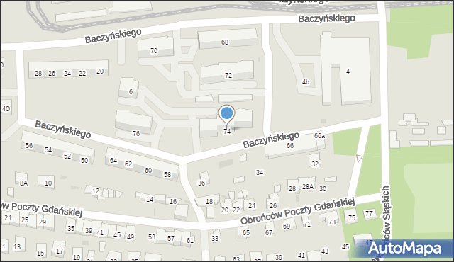Sosnowiec, Baczyńskiego Krzysztofa Kamila, 74, mapa Sosnowca