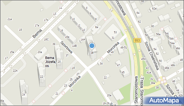 Toruń, Bema Józefa, gen., 18, mapa Torunia