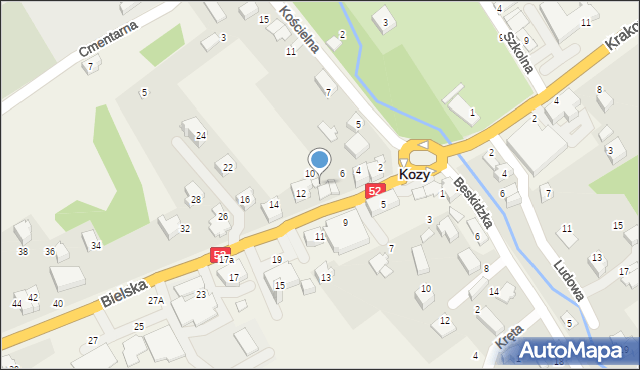 Kozy, Bielska, 8, mapa Kozy