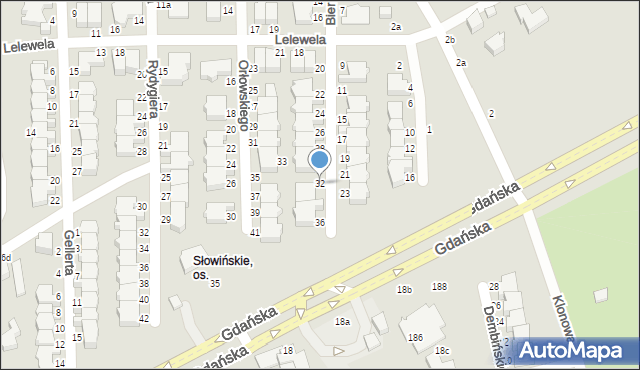 Słupsk, Biernackiego Edmunda, dr., 32, mapa Słupska