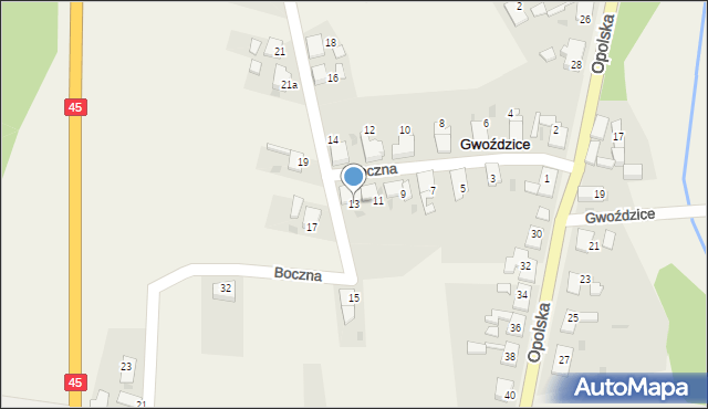 Gwoździce, Boczna, 13, mapa Gwoździce