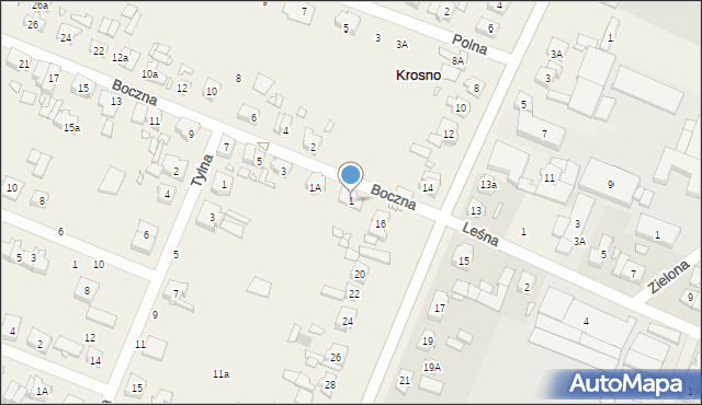 Krosno, Boczna, 1, mapa Krosna