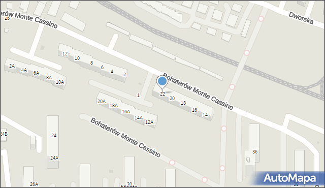 Sosnowiec, Bohaterów Monte Cassino, 22, mapa Sosnowca