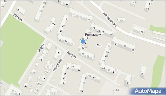 Szczecin, Boryny, 32, mapa Szczecina