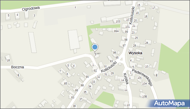 Wysoka, Boczna, 3, mapa Wysoka