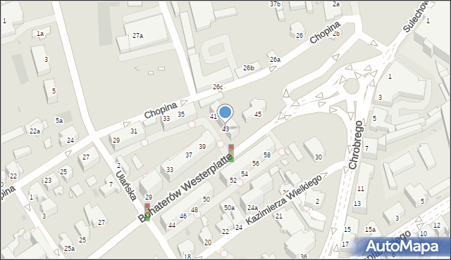 Zielona Góra, Bohaterów Westerplatte, 43, mapa Zielona Góra