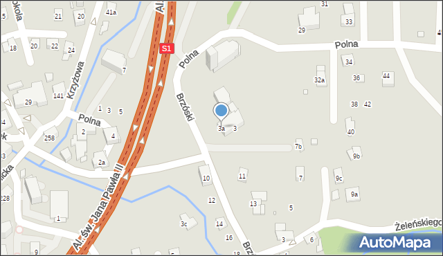 Bielsko-Biała, Brzóski Stanisława, ks., 3a, mapa Bielsko-Białej