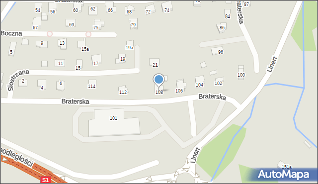 Bielsko-Biała, Braterska, 108, mapa Bielsko-Białej