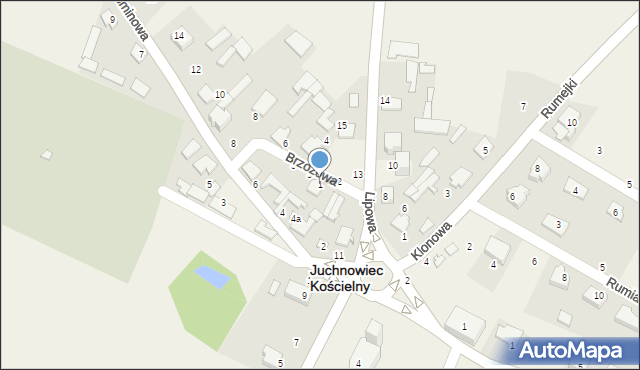 Juchnowiec Kościelny, Brzozowa, 1, mapa Juchnowiec Kościelny