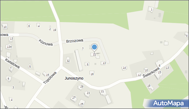 Junoszyno, Brzozowa, 11, mapa Junoszyno