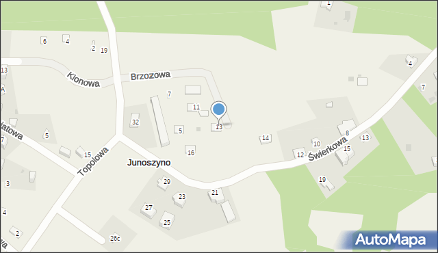 Junoszyno, Brzozowa, 13, mapa Junoszyno