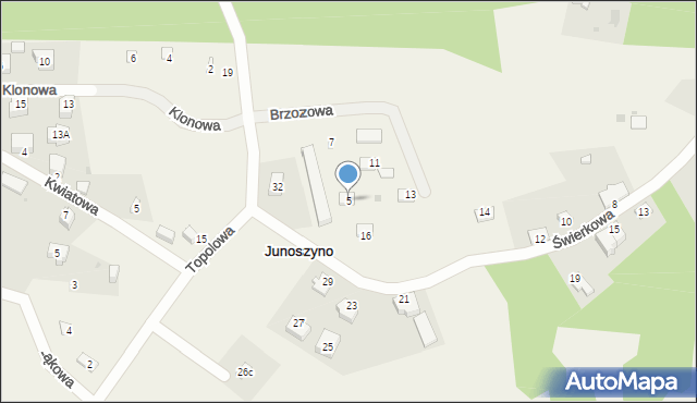 Junoszyno, Brzozowa, 5, mapa Junoszyno