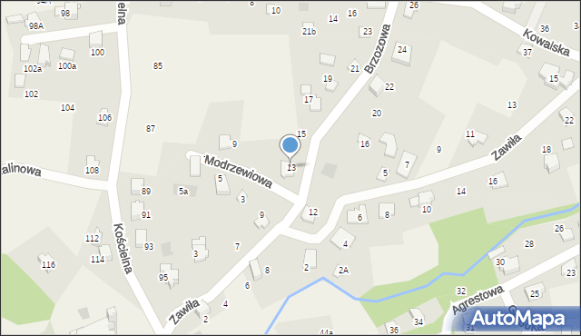 Meszna, Brzozowa, 13, mapa Meszna