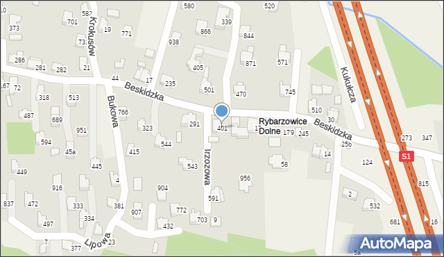 Rybarzowice, Brzozowa, 401, mapa Rybarzowice