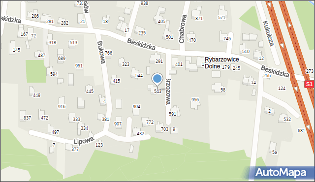 Rybarzowice, Brzozowa, 543, mapa Rybarzowice