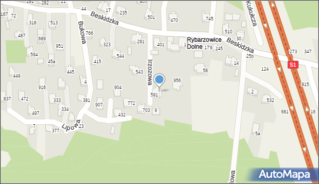 Rybarzowice, Brzozowa, 945, mapa Rybarzowice