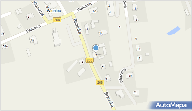 Wieniec, Brzeska, 5, mapa Wieniec