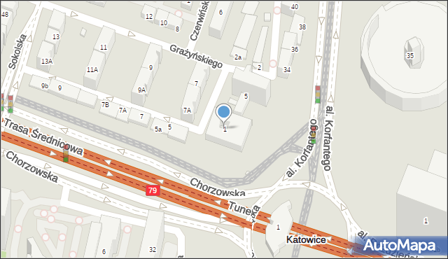 Katowice, Chorzowska, 1, mapa Katowic