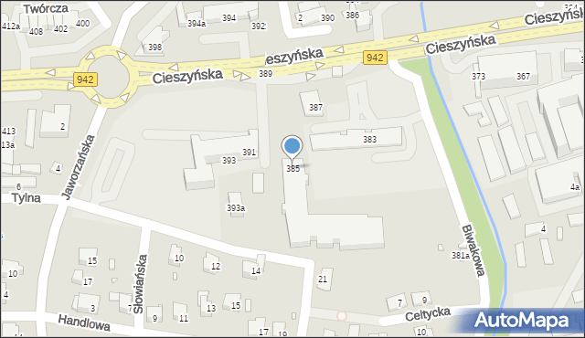 Bielsko-Biała, Cieszyńska, 385, mapa Bielsko-Białej