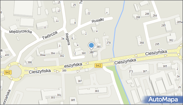 Bielsko-Biała, Cieszyńska, 386, mapa Bielsko-Białej