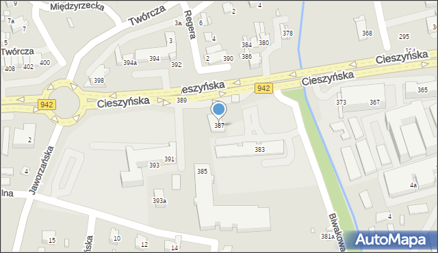 Bielsko-Biała, Cieszyńska, 387, mapa Bielsko-Białej