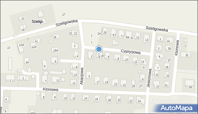 Szeligi, Cyprysowa, 4, mapa Szeligi