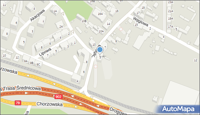 Katowice, Dębowa, 3, mapa Katowic