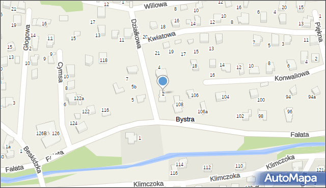 Bystra, Działkowa, 2, mapa Bystra