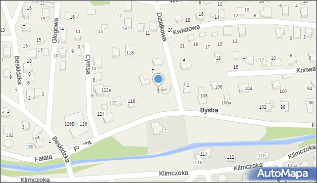 Bystra, Działkowa, 5, mapa Bystra