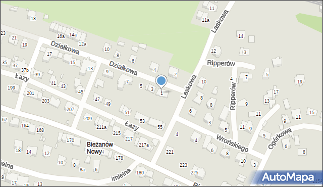 Kraków, Działkowa, 1, mapa Krakowa