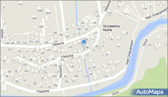 Szczawnica, Flisacka, 11, mapa Szczawnica