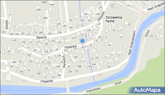 Szczawnica, Flisacka, 12, mapa Szczawnica