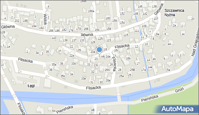 Szczawnica, Flisacka, 23a, mapa Szczawnica