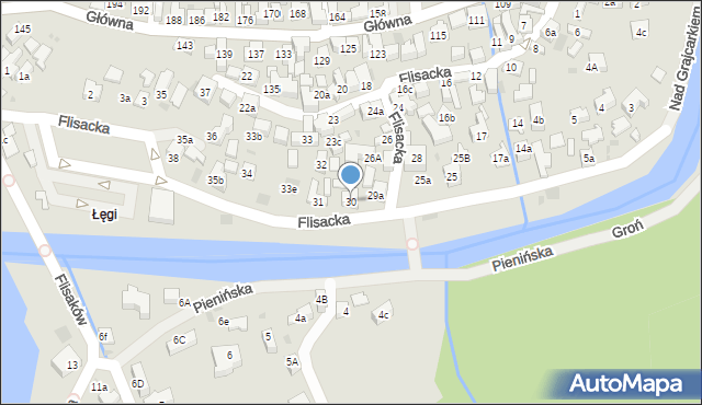 Szczawnica, Flisacka, 30, mapa Szczawnica