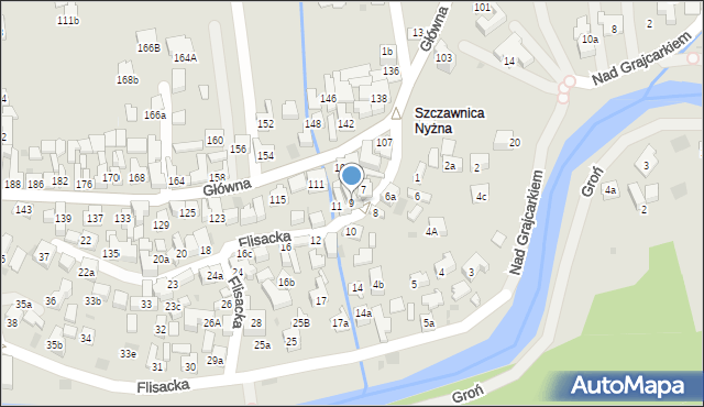 Szczawnica, Flisacka, 9, mapa Szczawnica