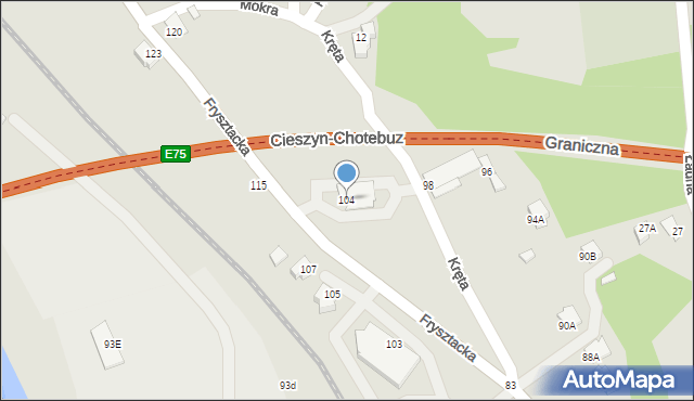 Cieszyn, Frysztacka, 104, mapa Cieszyna