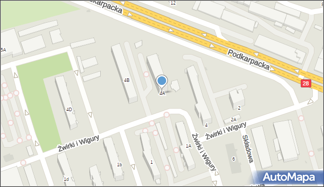 Krosno, Franciszka Żwirki i Stanisława Wigury, 4A, mapa Krosna