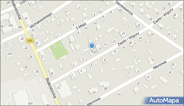 Michałowo, Franciszka Żwirki i Stanisława Wigury, 7, mapa Michałowo