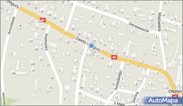 Olsztyn, Franciszka Żwirki i Stanisława Wigury, 19a, mapa Olsztyna