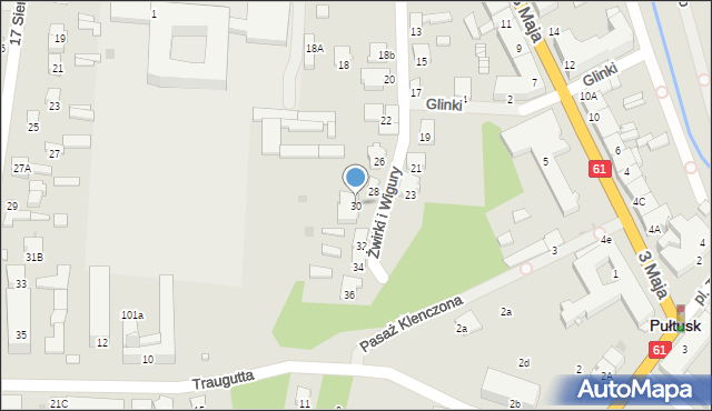 Pułtusk, Franciszka Żwirki i Stanisława Wigury, 30, mapa Pułtusk